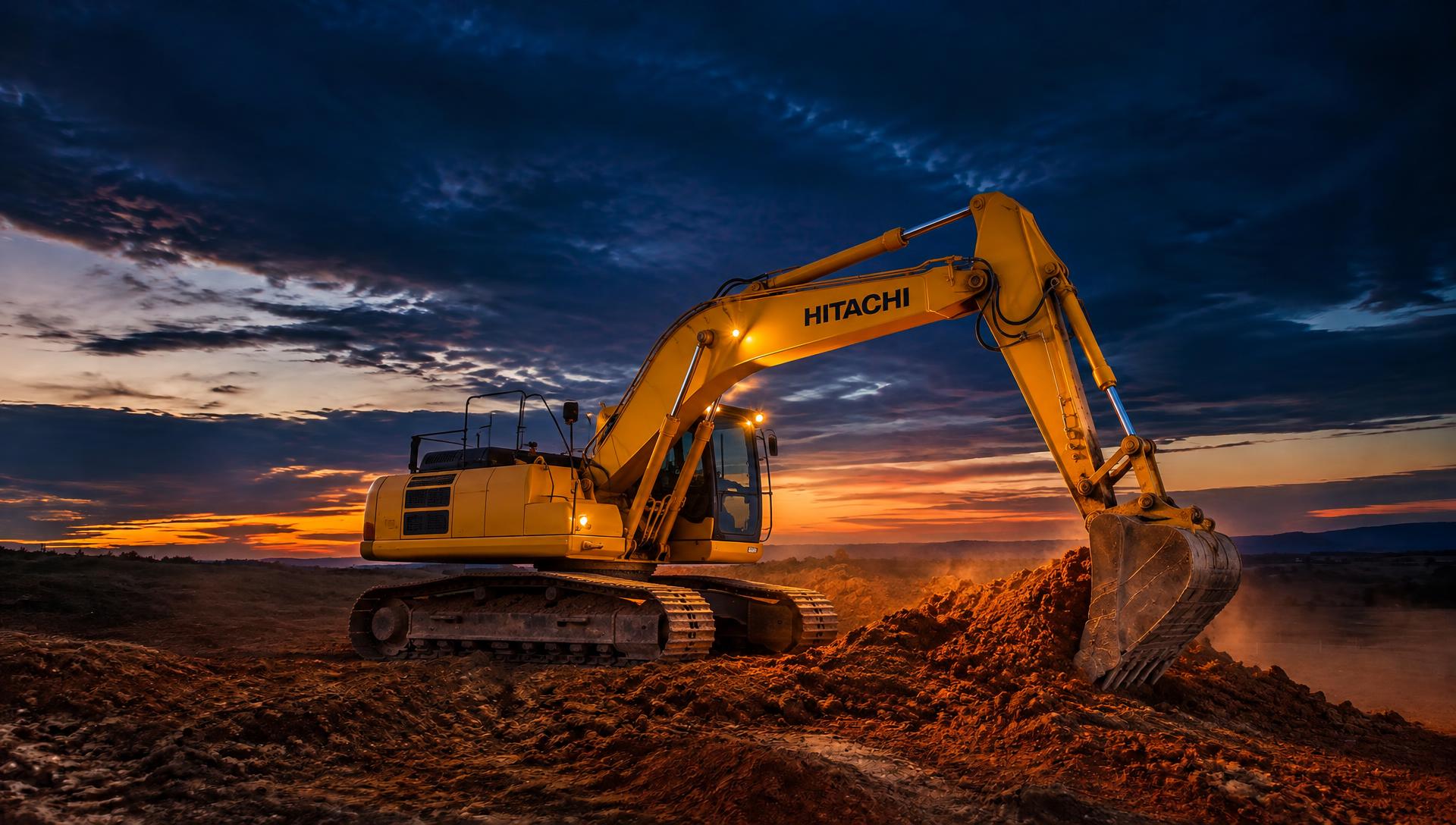 Hitachi excavator working on a civil construction site at dusk